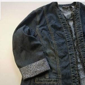 Chico's Platinum Denim Jacket XL Sz 3 RUFFLE TRIM